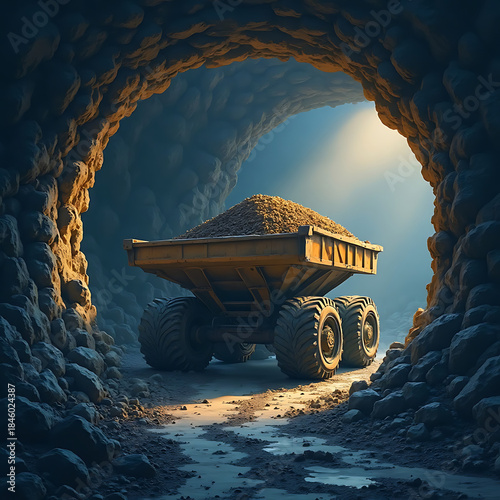 A heavy-duty yellow dump truck filled with earth travels through a dark, winding mine tunnel, with a bright light at the exit, symbolizing industrial progress and large-scale excavation