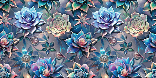 A vibrant floral pattern featuring blue and purple succulents in a harmonious blend of colors.