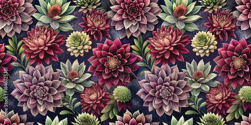 A vibrant floral pattern featuring various succulent plants in rich shades against a dark background.