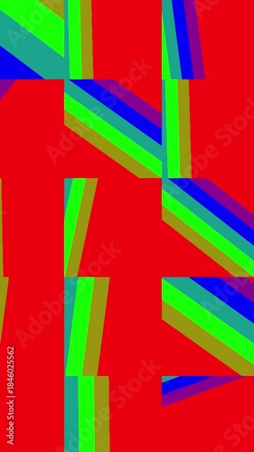 Vibrant geometric pattern with colorful shapes and lines on red