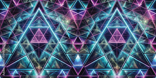 A vibrant geometric pattern with glowing triangles in hues of blue, purple, and pink.