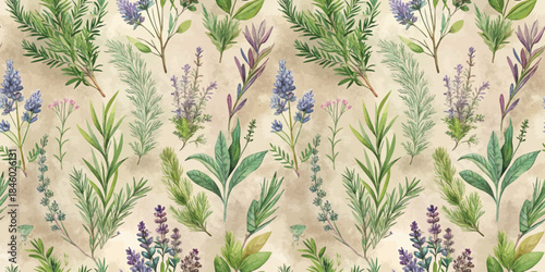 A vibrant illustration of various lush green and purple herbs and plants on a textured background.