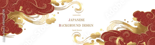 [赤色の雲（海波）と金箔のテクスチャを用いた日本の背景デザイン。手描き水彩スタイル]ベクター、イラスト