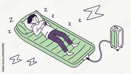 Sleeping Person on Inflatable Air Mattress with Electric Pump Illustration