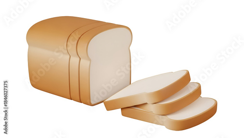 Stylized 3d render of a loaf of white bread and three slices on a black background