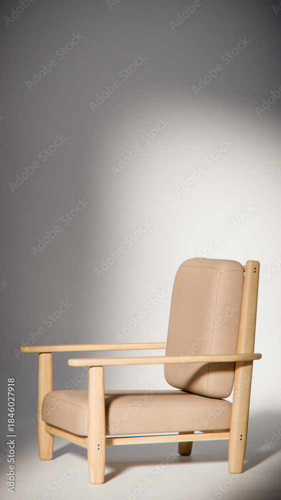 Obraz premium Modern wooden armchair with beige cushion in minimalist lighting. Ideal for furniture design, product display, and interior visualization in 3D rendering and architectural mockups.