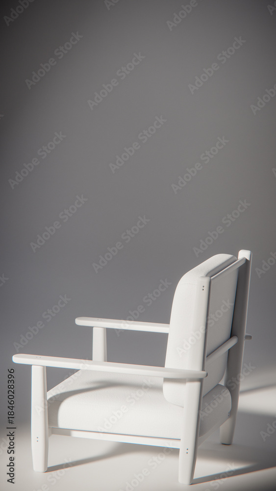 Obraz premium Modern wooden armchair with beige cushion in minimalist lighting. Ideal for furniture design, product display, and interior visualization in 3D rendering and architectural mockups.
