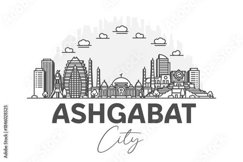 Ashgabat, Turkmenistan architecture line skyline illustration with shadows. Linear vector cityscape with famous landmarks, city sights, design icons.