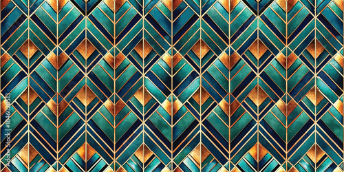 A vibrant teal and gold geometric pattern featuring elegantly arranged leaf motifs.