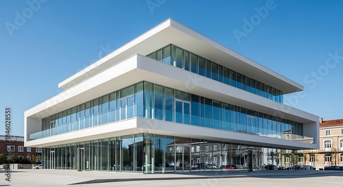 Modern White Building with Glass Facade Under Blue Sky.
