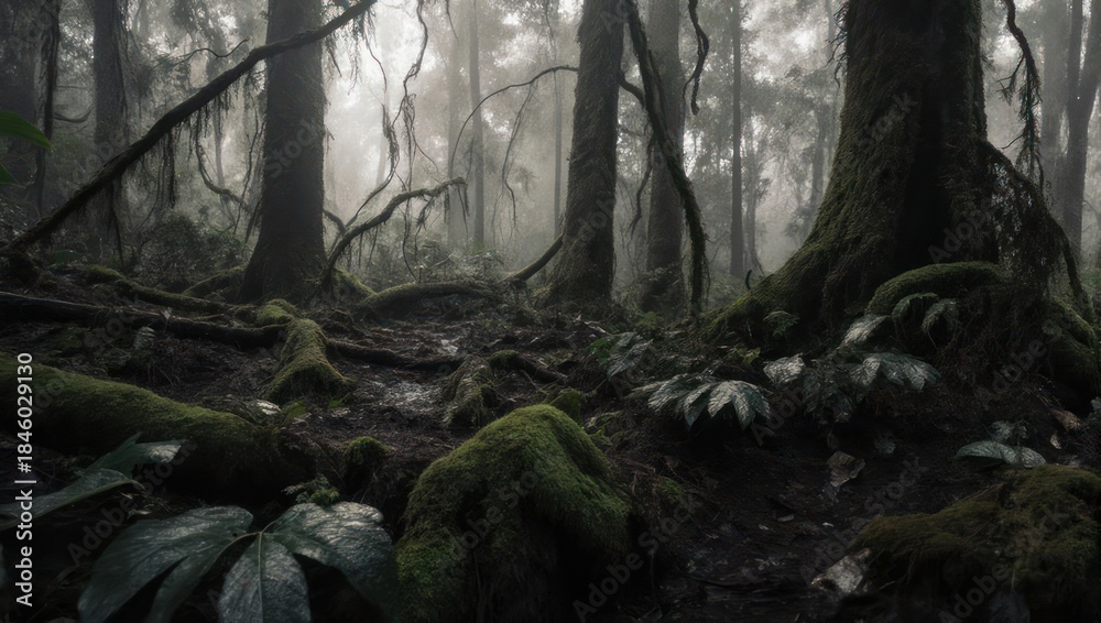 Obraz premium Mysterious Forest Scene - Foggy Trees and Mossy Ground.