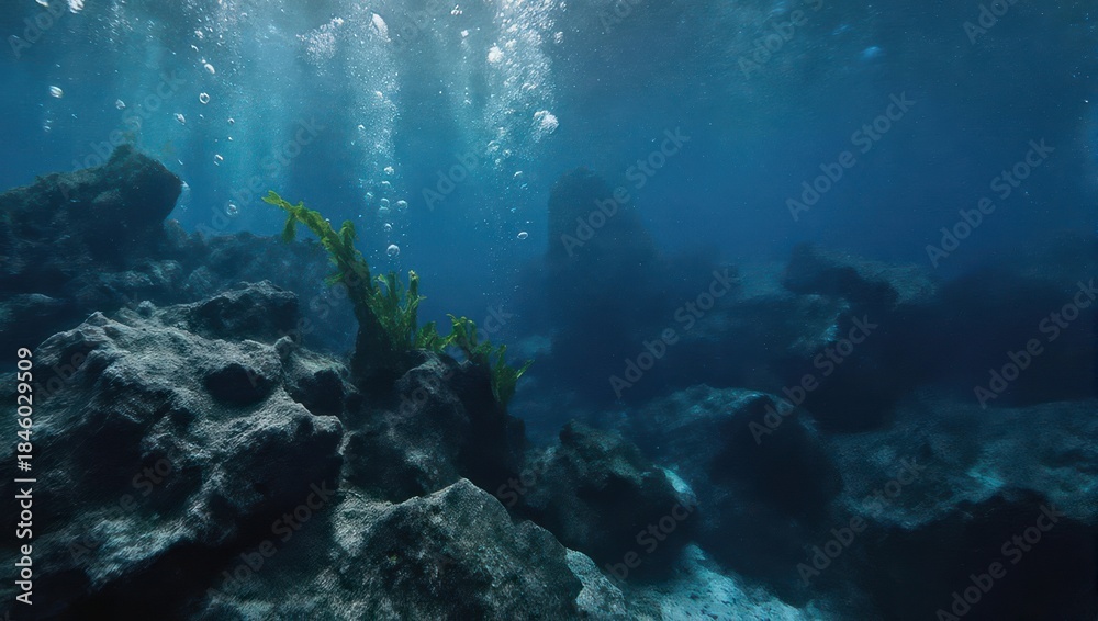 Obraz premium Underwater scene with sun rays and bubbles rising from the ocean floor.