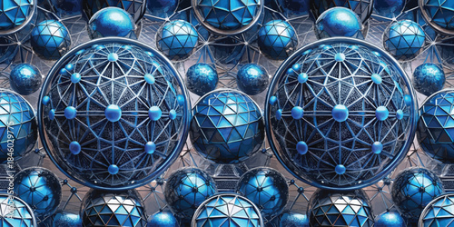 Abstract 3D geometric spheres in blue shades, displaying interconnected patterns and textures for a futuristic look.