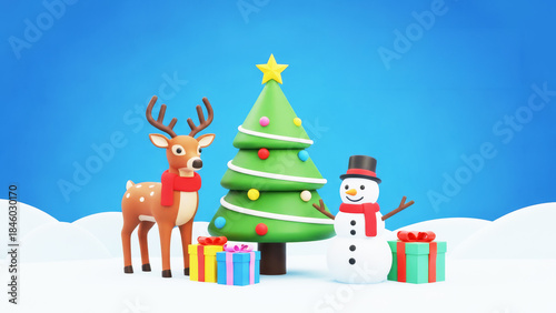 Winter Festive Scene: A charming Christmas composition, featuring a decorated tree, cheerful snowman, gift and a reindeer, all set against a snowy landscape.