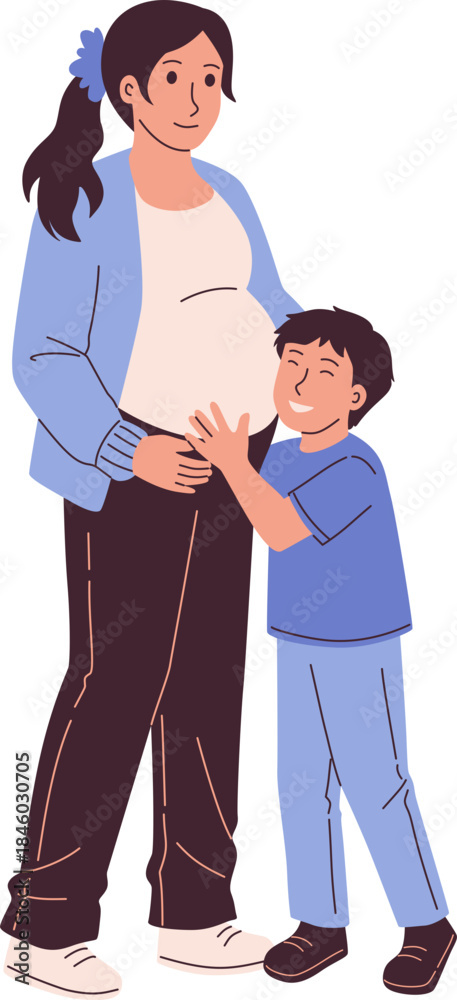 Obraz premium Pregnant Mother and Son Embrace Illustration