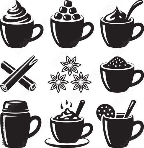 Collection of different types of coffee mugs with whipped cream and other toppings