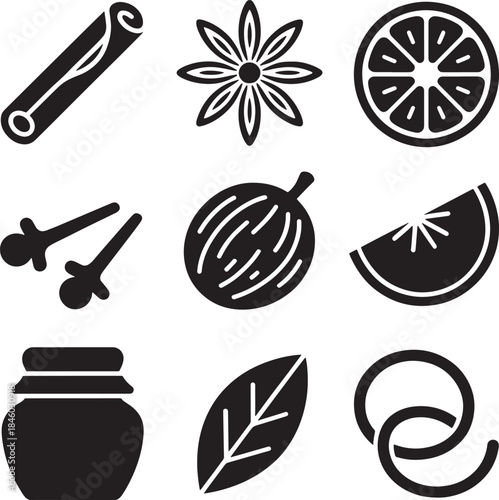 Ingredients for hot spiced drink vector black and white silhouette icon set element