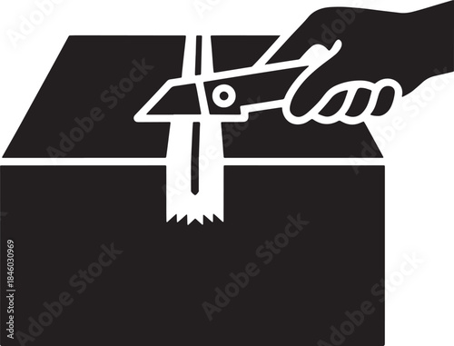 Opening box with scissors for package delivery and receiving item from online store