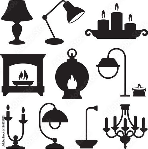 Set of home interior lighting equipment silhouettes in various shapes styles