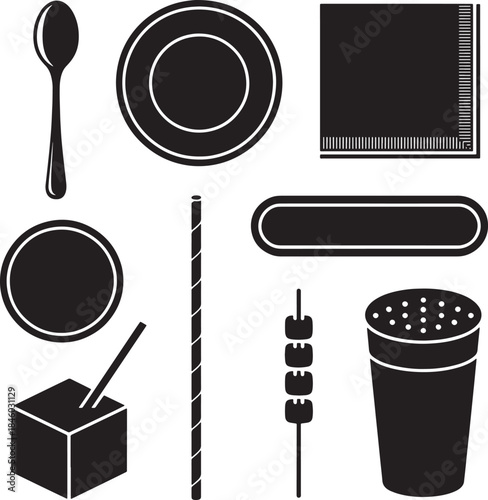 Set of kitchen items and utensils for food preparation and consumption silhouette