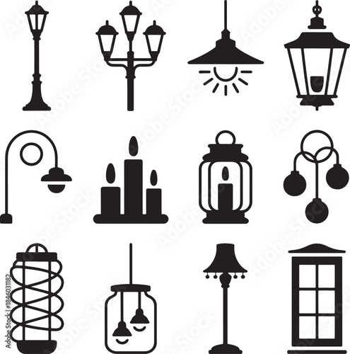 Set of Various Urban Outdoor Lighting Design Black Silhouette Decorative Style Icon