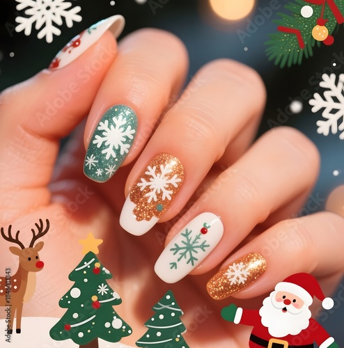 4k high quality Ai generative HD photo realistic red green white Christmas tree ornament decoration cute pretty fashion finger nail art hand snowflake winter closeup kuku natal salju design santa deer