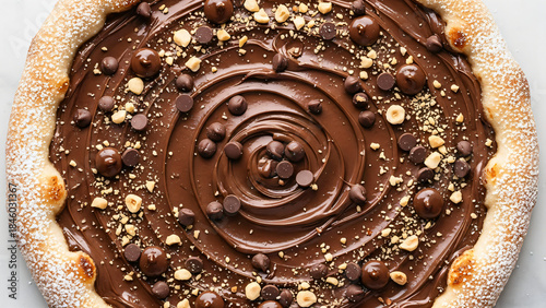 A close-up overhead shot focuses on a sweet dessert pizza. It has a puffy edge, dusted lightly with powdered sugar, which provides a contrast to the dark chocolate filling.