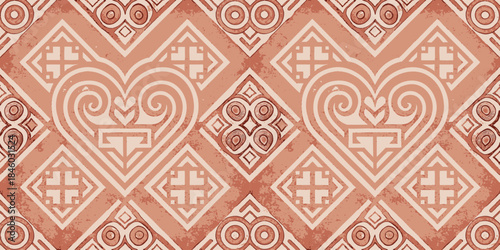 An intricate heart-pattern design in warm tones, featuring geometric shapes and swirls.