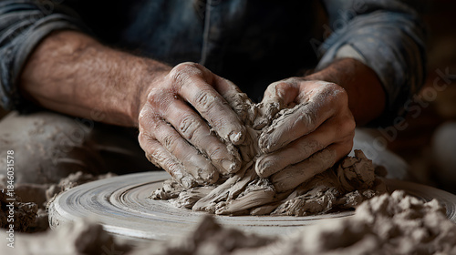 Close up of artisan hands covered in wet clay shaping material on a spinning pottery wheel in a workshop