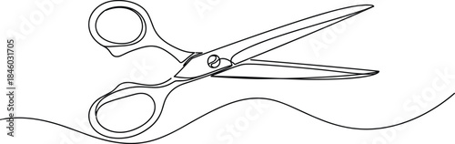 Minimal scissors line art illustration, cutting thread concept, tailoring tool, sewing equipment, craft symbol, black outline, isolated white background