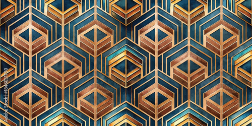 Art Deco inspired geometric pattern in blue, gold, and copper tones.