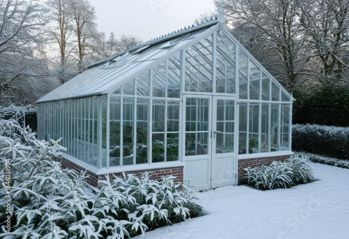 Snow-covered greenhouse, winter garden inside barely visible