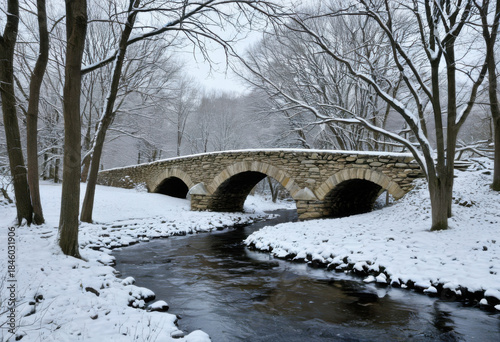 Snow-covered stream banks, stone bridge, bare trees along banks, overcast winter day
