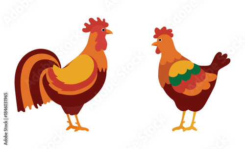 Cock and hen isolated on a white background. Colored icon, vector illustration in a flat style. Poultry collection.
