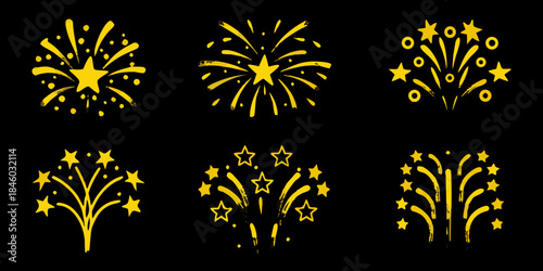 Golden firework displays and starbursts against a solid black background