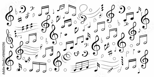 A scattered collection of musical notes and symbols on a white background