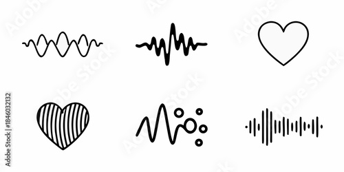 Visual representation of heartbeats and sound waves in simple line drawings