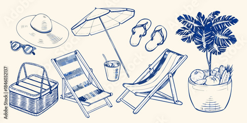 A charming sketch of beach essentials including hats chairs and tropical foliage