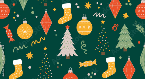 A festive seamless vector pattern featuring colorful Christmas trees, ornaments, and stockings on a deep green background, great for seasonal holiday designs.