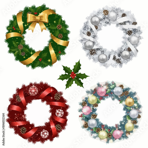 Festive Holiday Wreaths Collection with Ornaments and Ribbons for Seasonal Decor