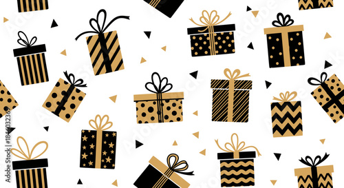 A festive vector illustration showcases an array of elegantly designed Christmas presents, featuring gold and black color schemes, perfect for holiday greetings and seasonal promotions.