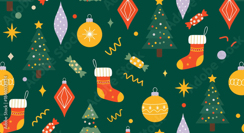 A festive Christmas seamless pattern featuring decorated trees, ornaments, stockings, and candies on a deep green background, perfect for holiday designs and crafts.