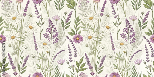 Beautiful floral pattern featuring lavender, daisies, and wildflowers in soft pastel tones.