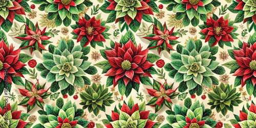 Beautiful floral pattern with red and green poinsettias and succulent plants on a light background.