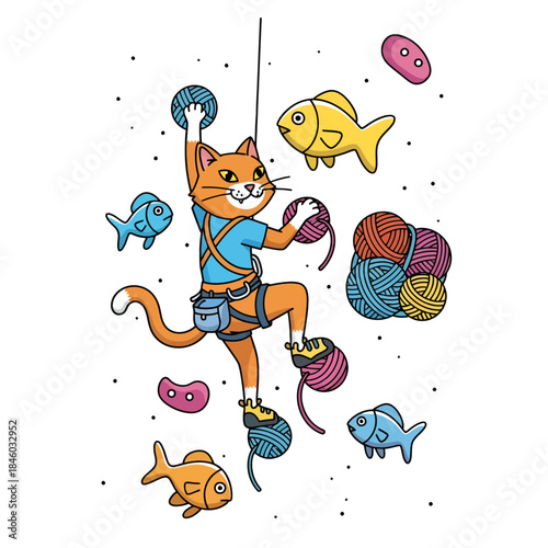 Adventurous Cat Rock Climbing on Wall with Yarn Holds Vector
