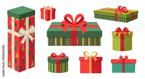 A vector illustration showcasing a colorful collection of Christmas presents, each uniquely wrapped and adorned with ribbons, creating a festive and joyful atmosphere.