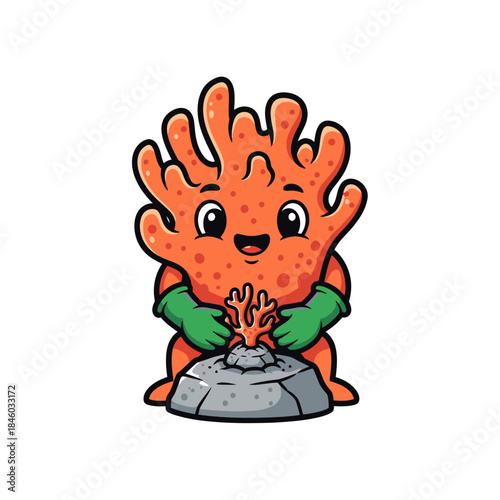Cute Coral Character Planting Reef Garden Conservation Vector