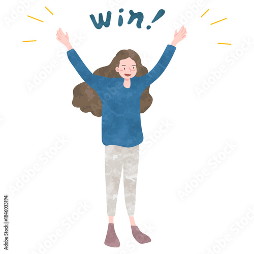 An illustration of a woman cheering/celebrating with her arms raised (watercolor style)