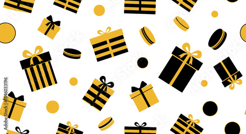 A modern vector seamless pattern showcases stylish black and gold christmas presents and festive dots, creating a joyful background for seasonal designs.