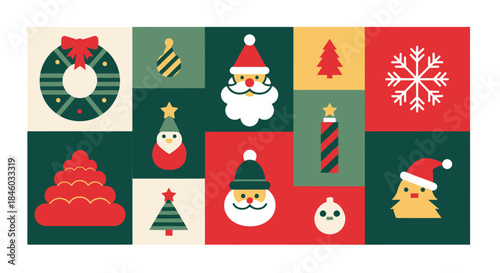 A festive vector illustration showcases a delightful Christmas theme with Santa Claus, trees, and snowflakes, perfect for holiday greetings and designs.